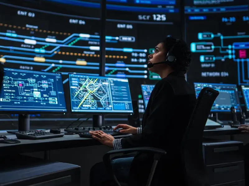 Woman working in command center in front of multiple computer screens