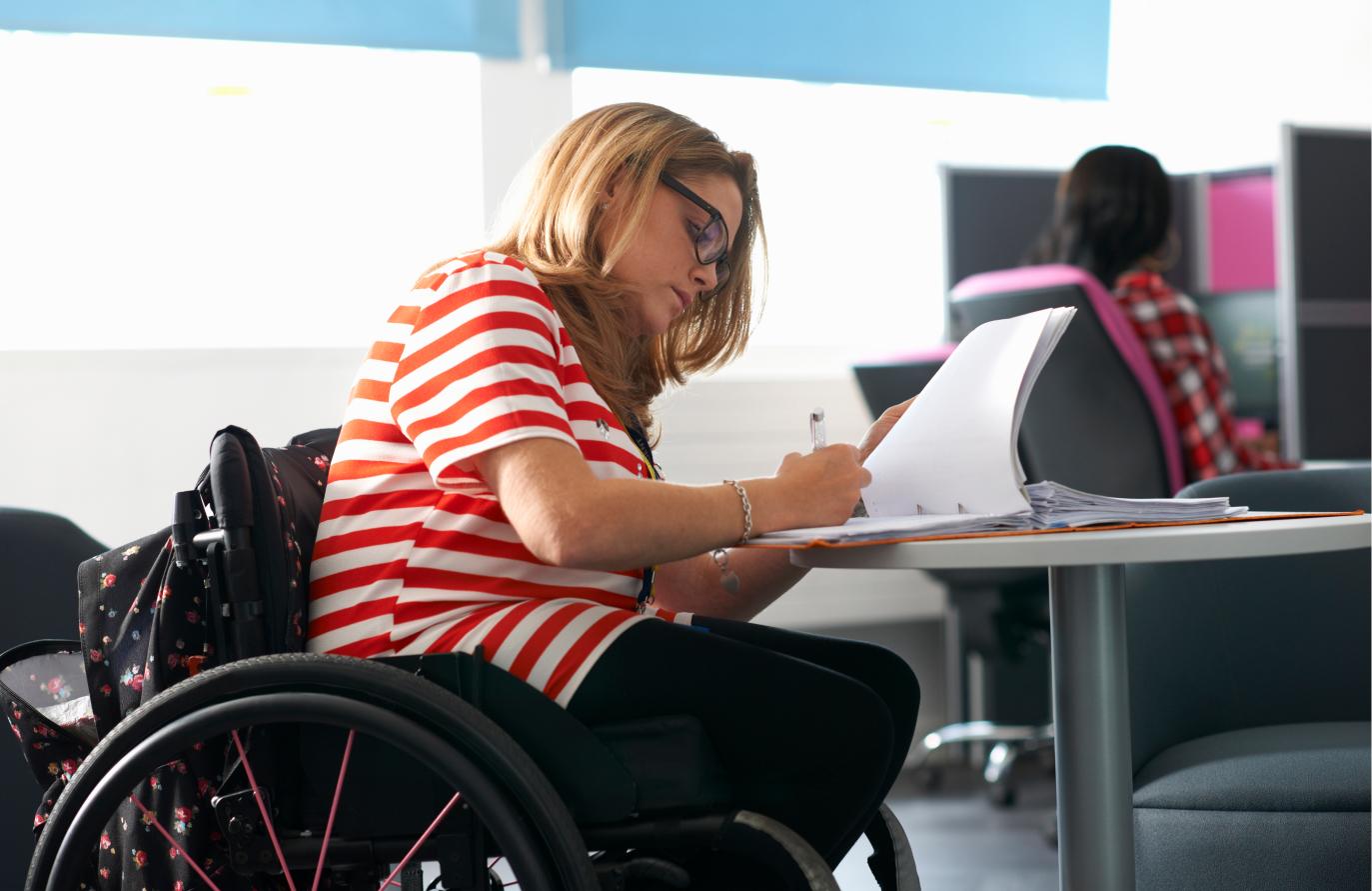 Woman works on laptop